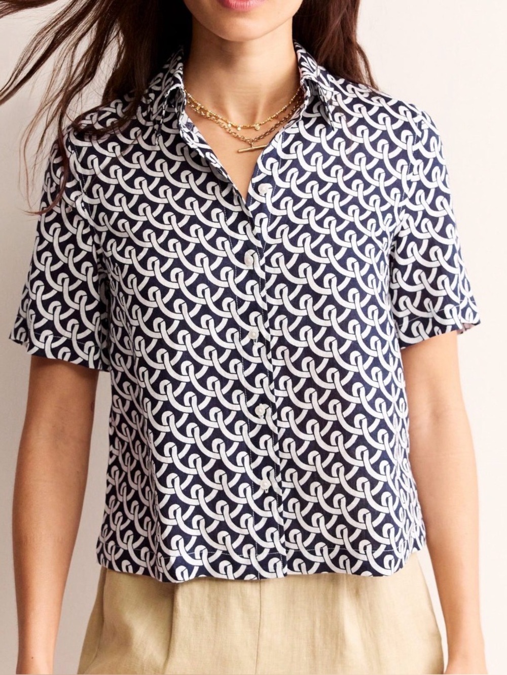 Boden Womens Button Up US 0 Navy White Hazel Short Sleeve Linen Shirt NEW 3140